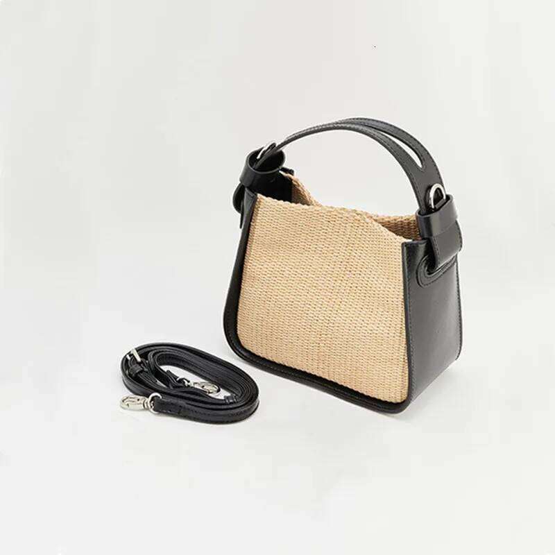 2025 Designer Women Patchwork Genuine Leather Woven Straw Handbags New Tote Lady Trendy Adjustable Strap Shoulder Bag