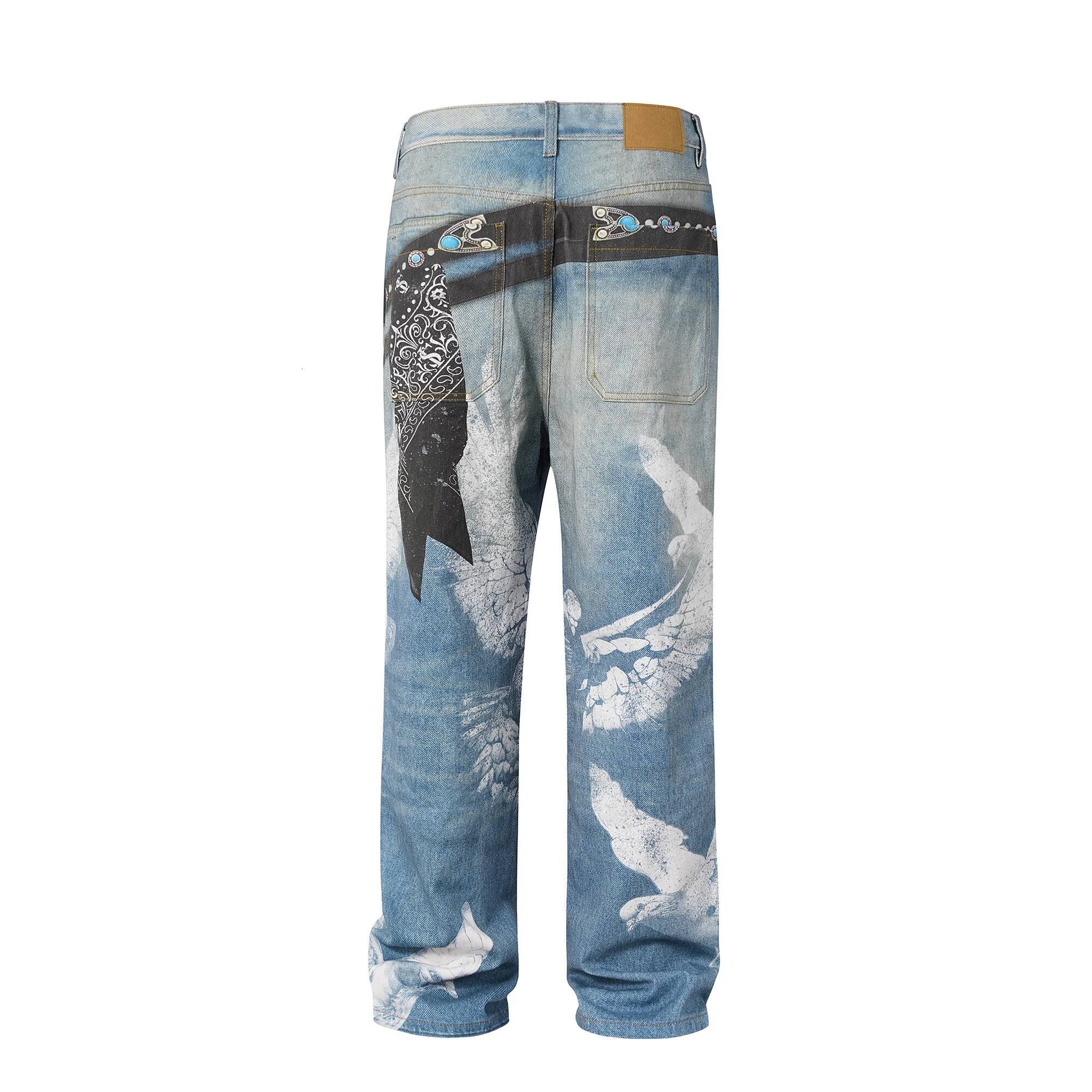 Dove Of Peace Spray Painting Graffiti Y2k American Vintage Streetwear Straight Pants Jeans Loose Casual Men Denim Trousers