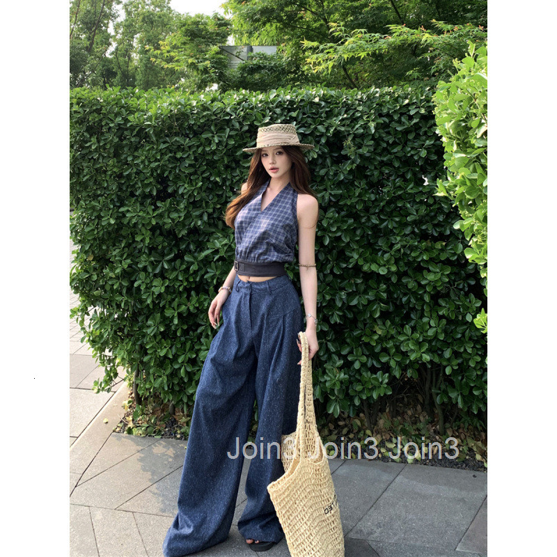 Summer New Sexy American Style Halter Neck Slimming Strap Sleeveless Top Short + High Waist Wide Leg Long Pants Set for Women