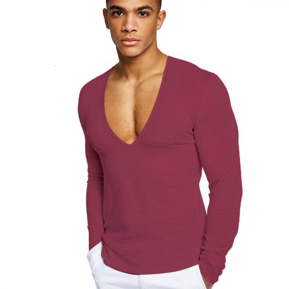 Mens T-Shirt Deep V-Neck Cotton Spring Autumn Long Sleeve Sports Solid Color European Size Trendy Fitness American Style Mens Sweatshirt