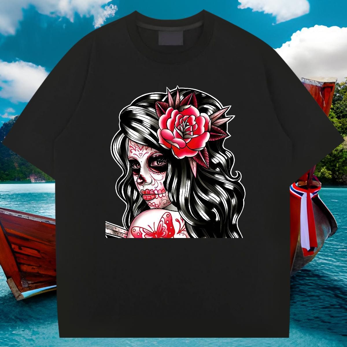 Day of the Dead Pattern Printed Designer T-shirts for Male Summer Short-sleeved O-neck 100% Cotton Black White Oversized Tops