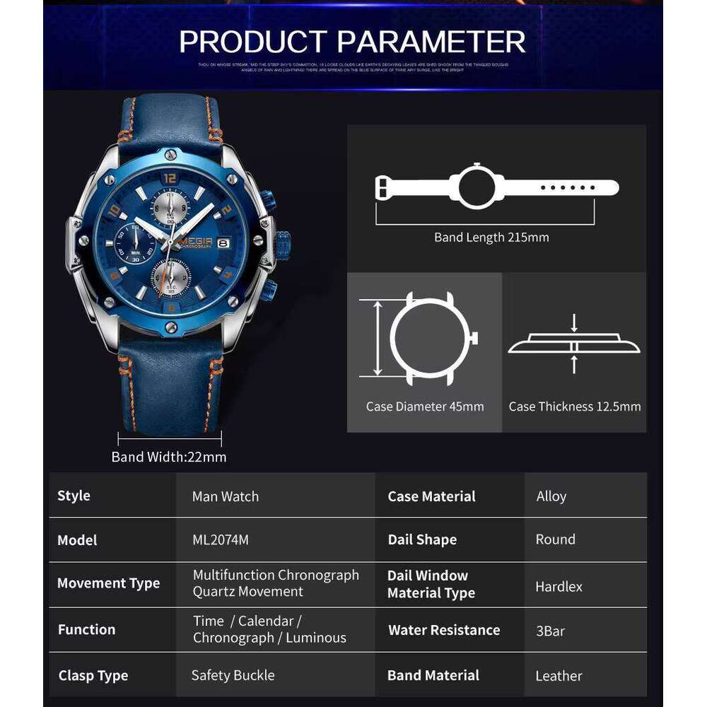 MEGIR Men's Chronograph Watch - Genuine Leather, Waterproof, Luminous, 45mm - Summer Hot Seller