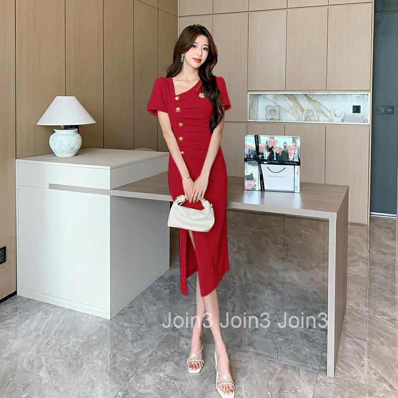 Summer New Elegant Internet Celebrity V-Neck Street Style Single-Breasted Slim Short Sleeve Mid-Length Dress with Slit and Bodycon Design