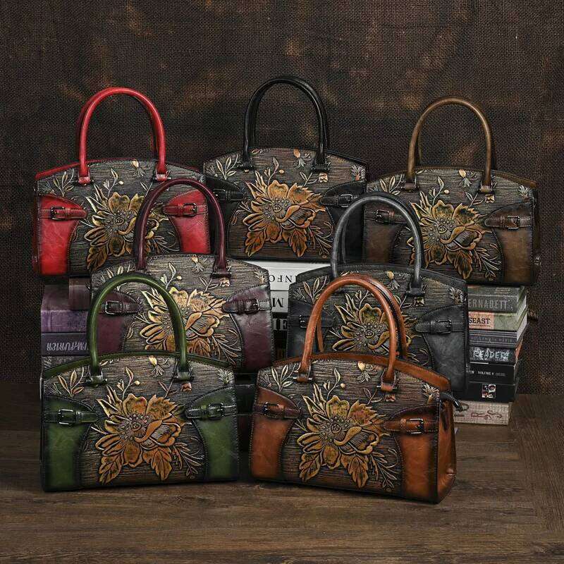 NEW Vintage Leather Handbag for Women Chinese Style Crossbody Floral Print Mother's Day Gift Purse Shoulder Bag