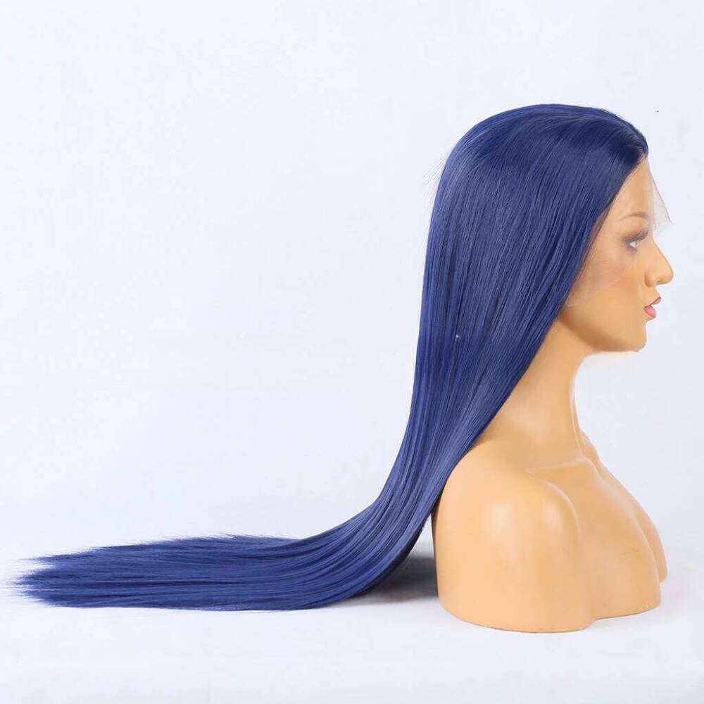 Straight Front Glueless Ready To Wear Long Human Blue Wig Synthetic Hair Lace Wigs For Women