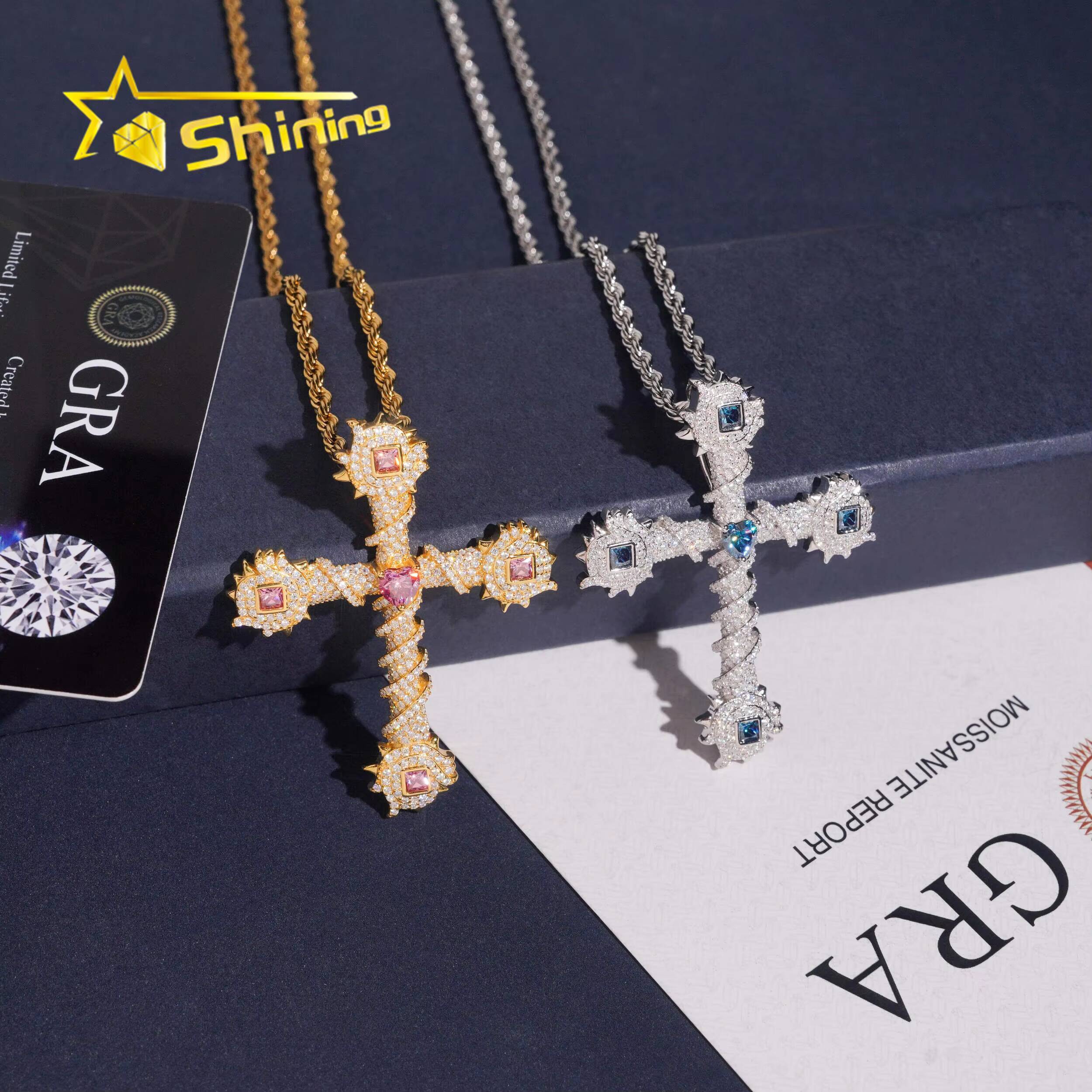 Wholesale Price Fast Shipping Iced Out Cross Pendant 925 Sterling Silver Gold Plated Colorful Moissanite Charms Pendant