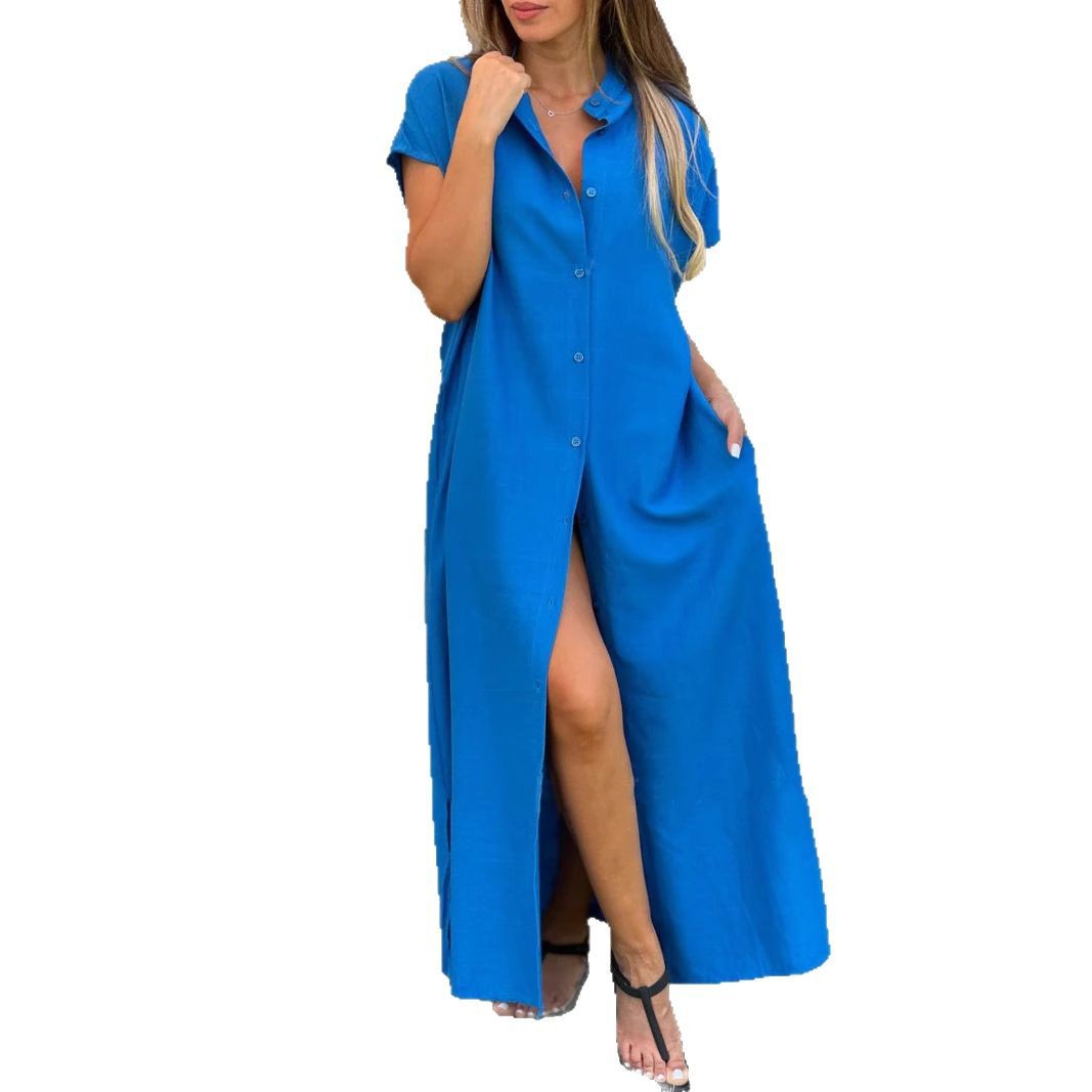 M728Women's solid color cotton and linen long skirt fashionable casual short-sleeved cardigan dress