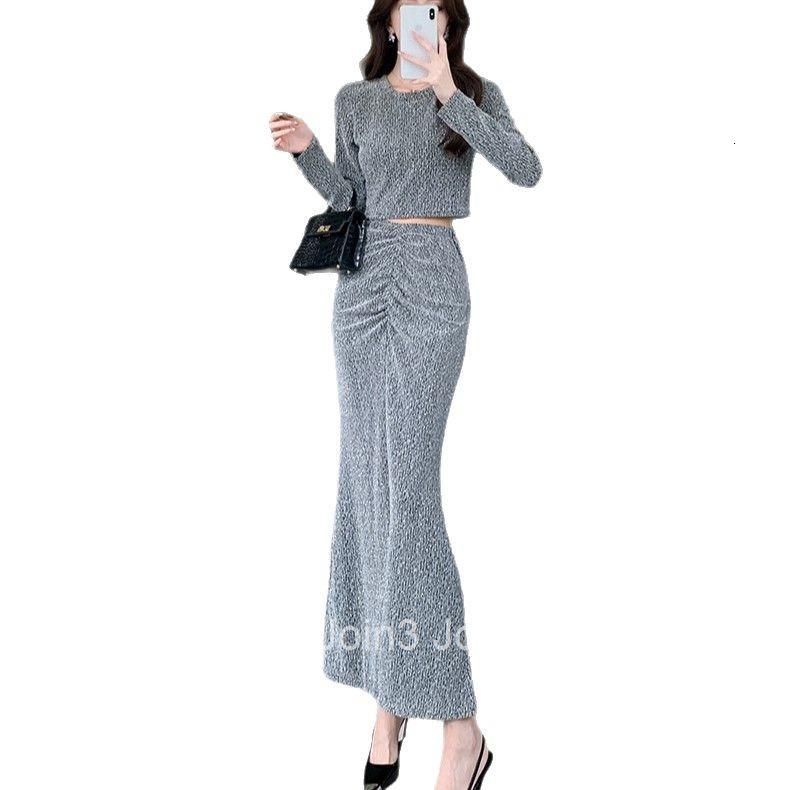25 Spring and Autumn New Fashionable Socialite Street Style Elegant Shiny Long Sleeve T-Shirt Top + Midi Skirt Two-Piece Set