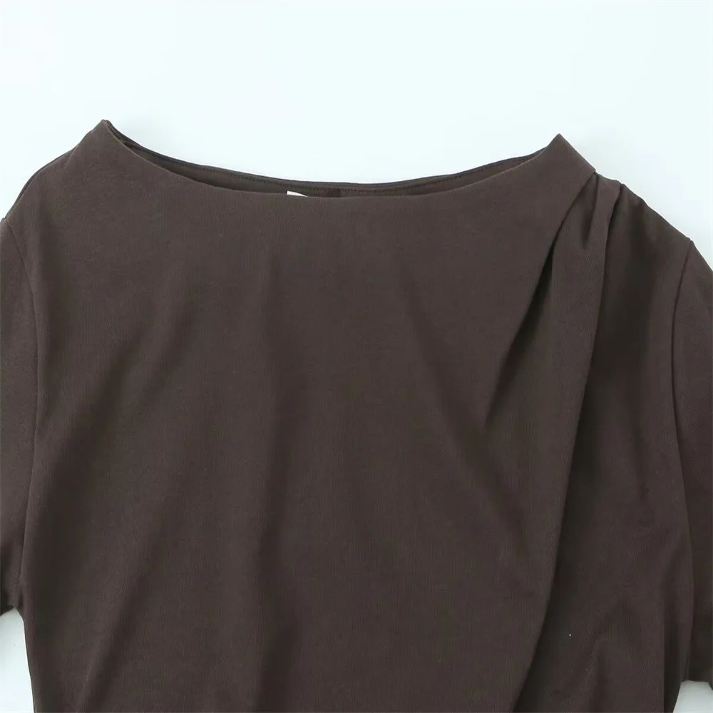 100% Cotton Womens Off the Shoulder Beige Long Sleeve TShirt Asymmetric Ruched n for Stylish and Comfortable Wear 250729