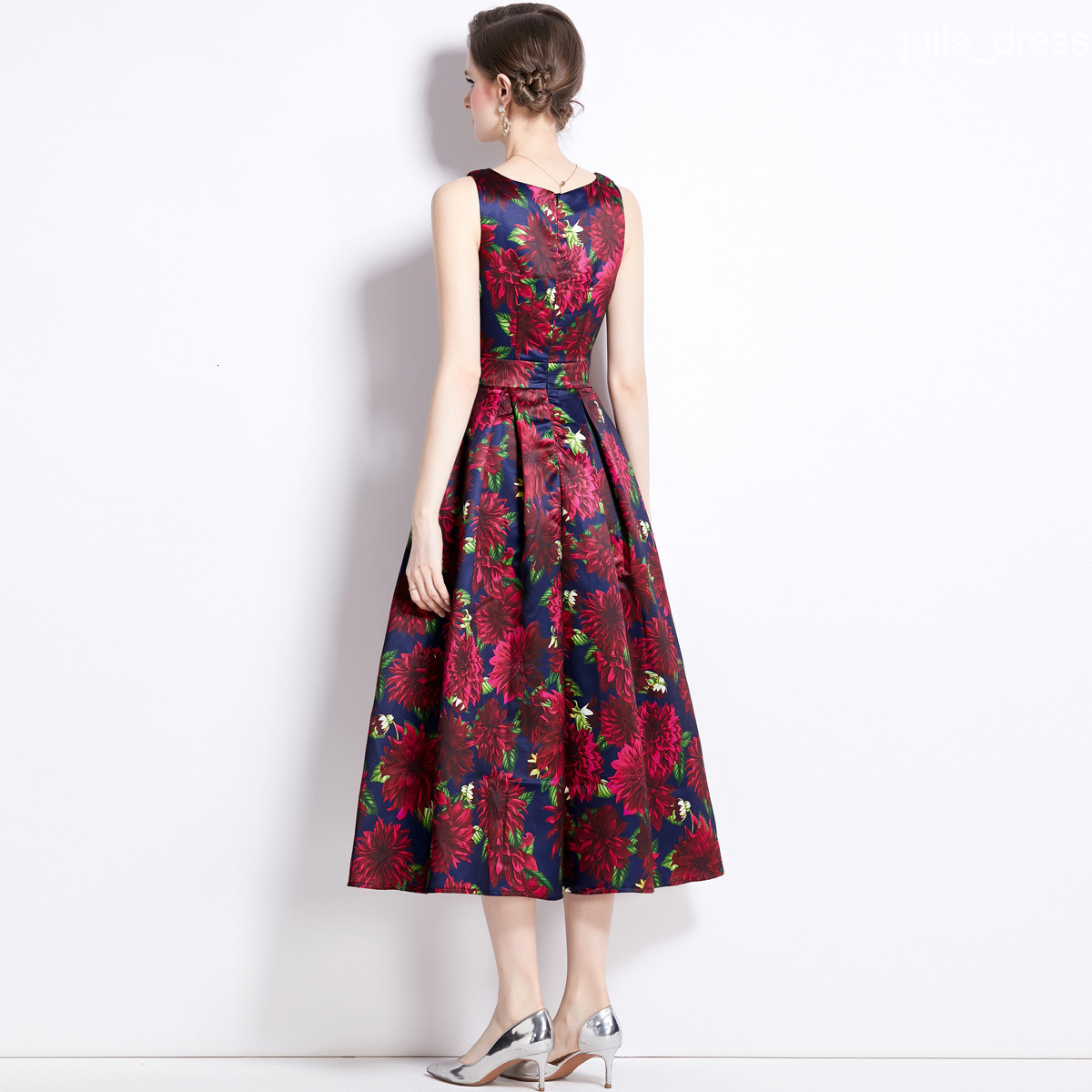 859 Summer New Womens Floral Sleeveless High Waist Long Dress Slim Waist A-line Dress