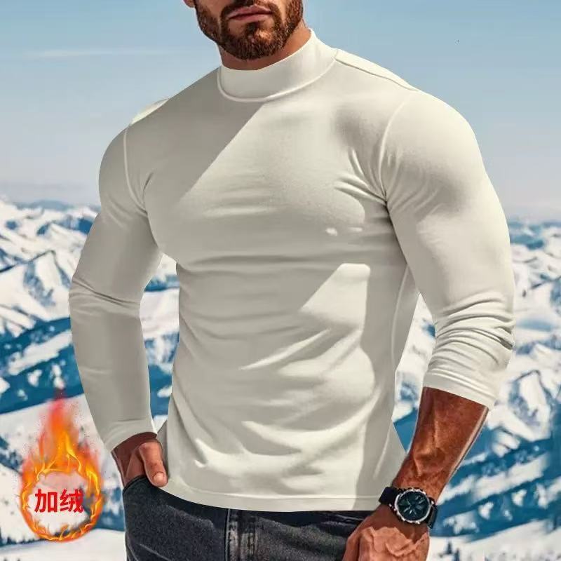 Mens Autumn Winter Thermal Pure Long Sleeve T-Shirt Knitted Base Shirt Slim Fit Half High Collar Mens Top