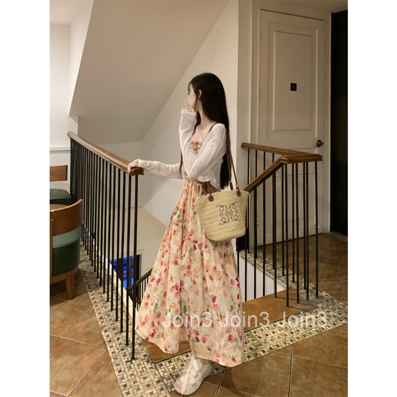 Summer New Sweet Fairy Floral Strap Dress Chiffon Slimming Printed Long Dress