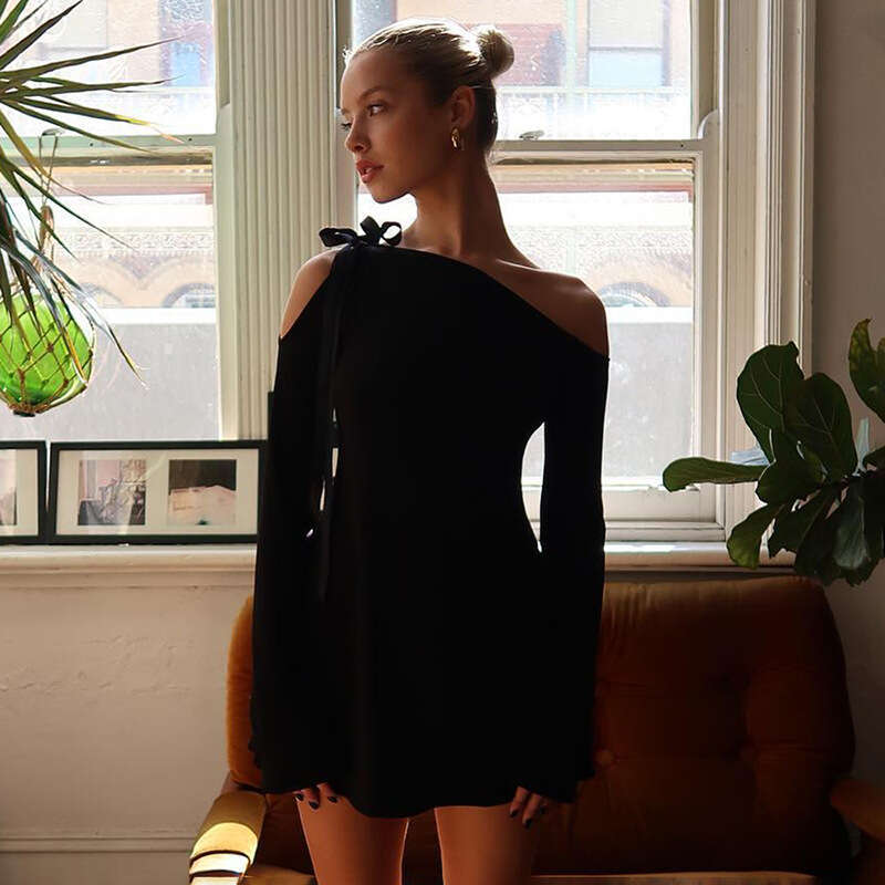 Y23ds389 Style Women's Autumn New Single Shoulder Tie Off-Shoulder Long Sleeve Ruffle Bodycon Dress B5