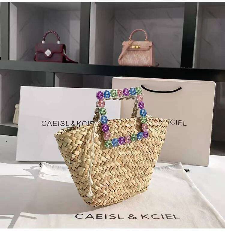 Summer Straw Woven Handmade Handbag Women Bucket Crystal Shiny Rhinestone Dia Tote Female Holiday Vacation Beach Bag