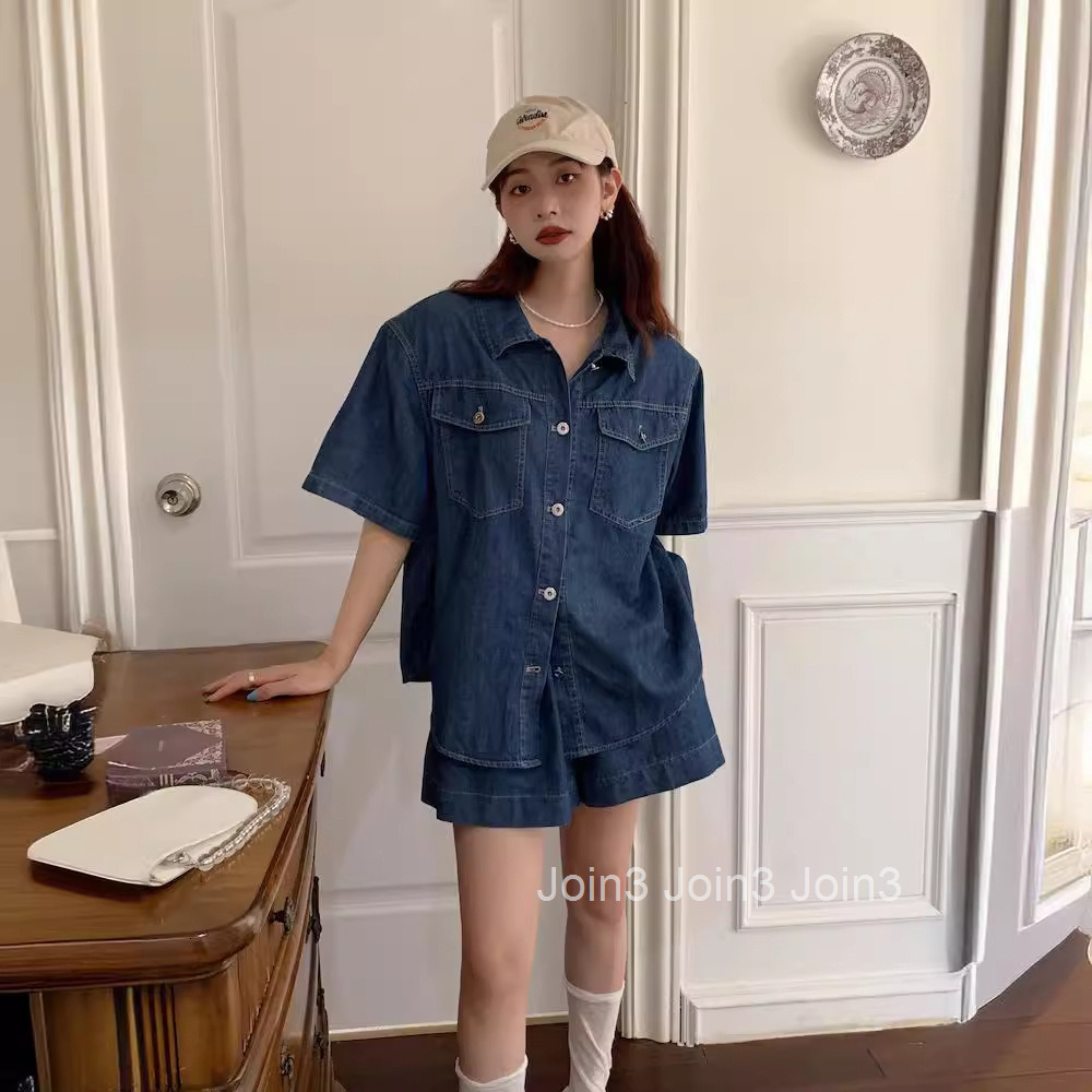Summer New Casual Washed Denim Two-Piece Set Short Sleeve Shirt Top vs Shorts Set for Women