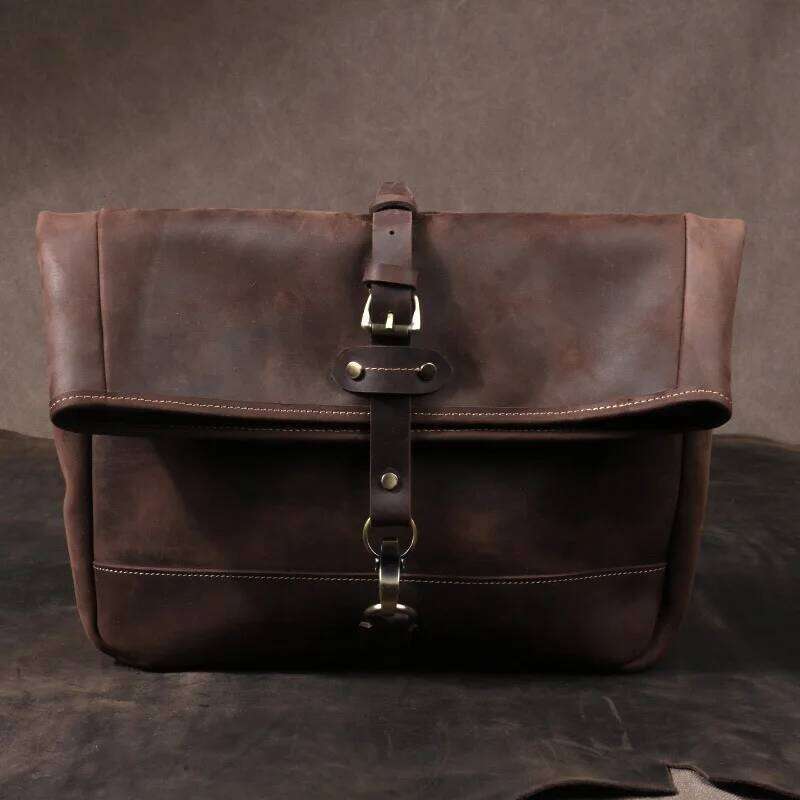 OLOEY Vintage Crazy Horse Leather Messenger - Genuine Full-Grain Cowhide Crossbody Bag with Antique Brass Hardware