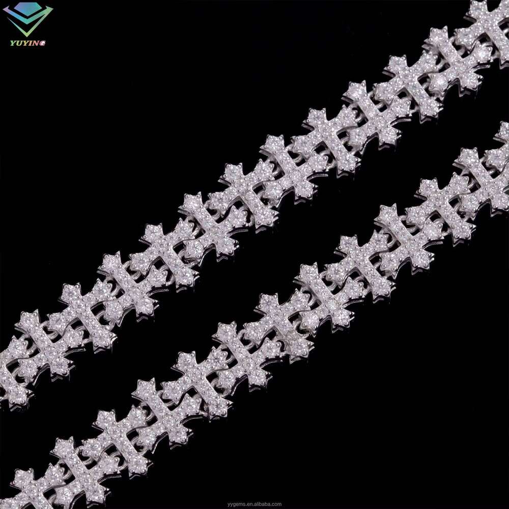 RTS Cross in Stock Hip Hop Moissanite Sier Religious Jewelry Dia Cuban Link Chain Bracelet