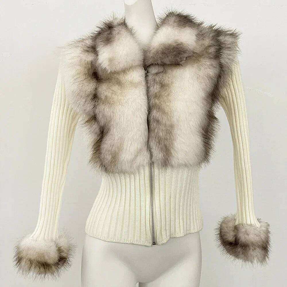 Coat Knitted Women Spring Eco-Friendly Knitwear Patchwork Long Sleeve Faux Fur Sweater Cardigan Vintage