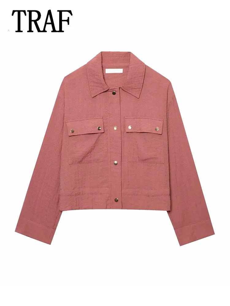 TRAF Casual Women Jackets Turndown Collar Long Sleeve Pockets Loose Coats Fashion Spring Holiday Outerwear 250729