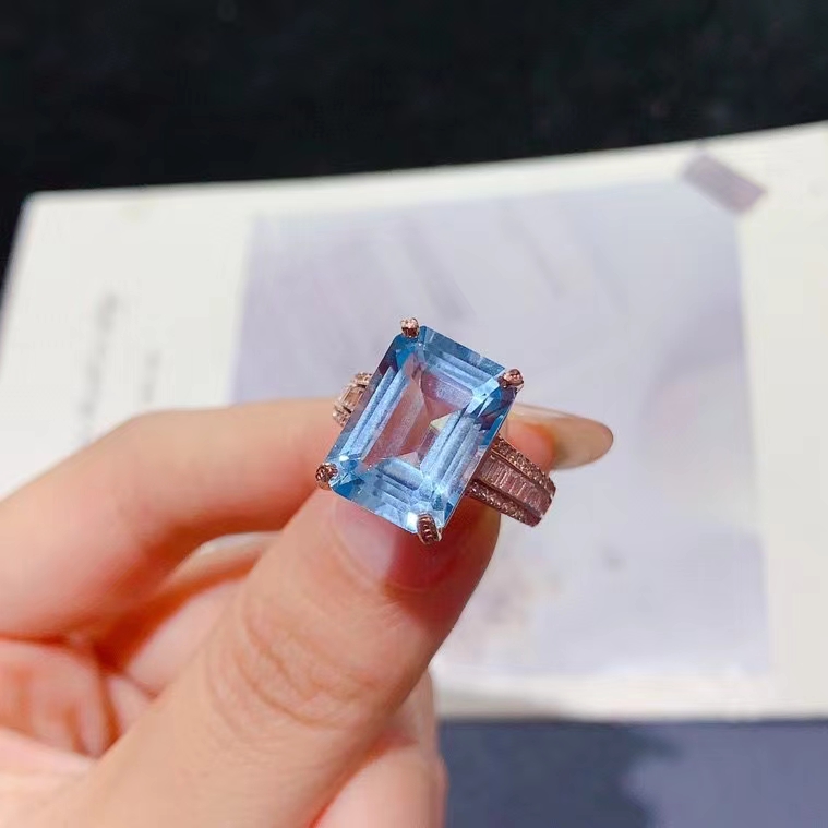Light Blue Topaz Ring for Engagement 10mm*14mm 6ct Natural Topaz Wedding Ring Keep Shining 3 Layers 18K Gold Plated Silver Jewelry