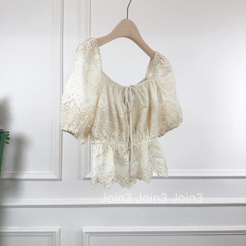 2025 Summer New Lace-Up Elegant Short Blouse French Style Slim Waist Short Sleeve Shirt for Women