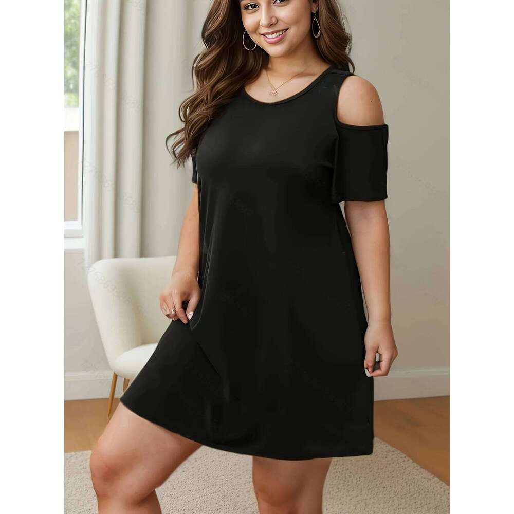 Spring/Summer Leisure Round Neck Fashion Solid Color Off Shoulder Dress Women's Plus Size Clothing