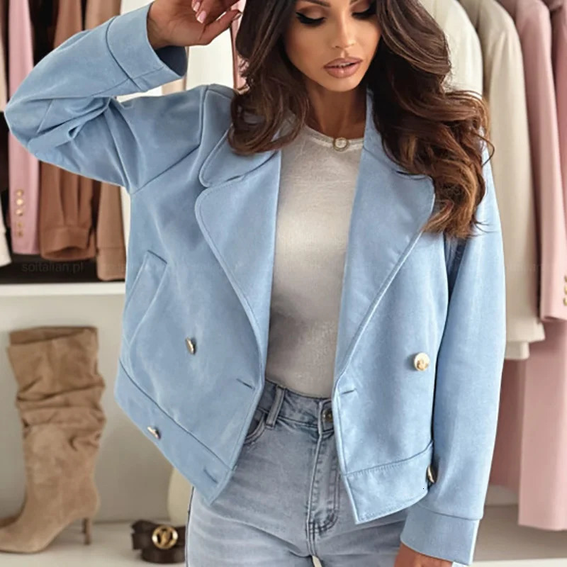 Autumn Winter Casual Loose Short Coats Womens Fashion Lapel Collar Solid Color Jacket Elegant Button Long Sleeve Outerwear 250729