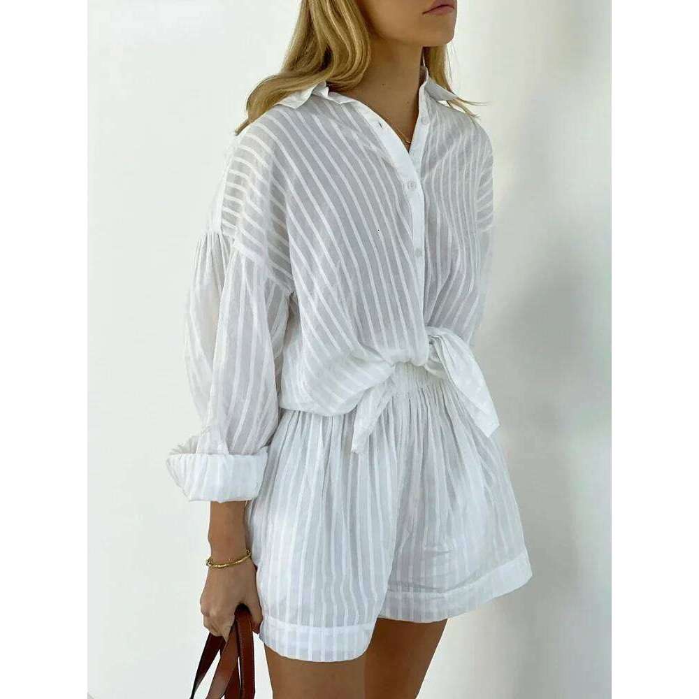 Wolfeel Casual Sets Striped Jacquard 2 Pieces Cozy Lapel Lantern Sleeve Shirt Summer Outfit Elastic Waist Shorts Suits