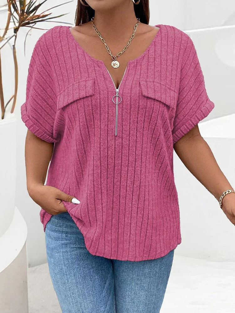 GIBSIE Plus Size Solid ORing Zip Front TShirt for Women Summer ONeck Short Sleeve Rib Knit Casual Tees Tops Female 250729