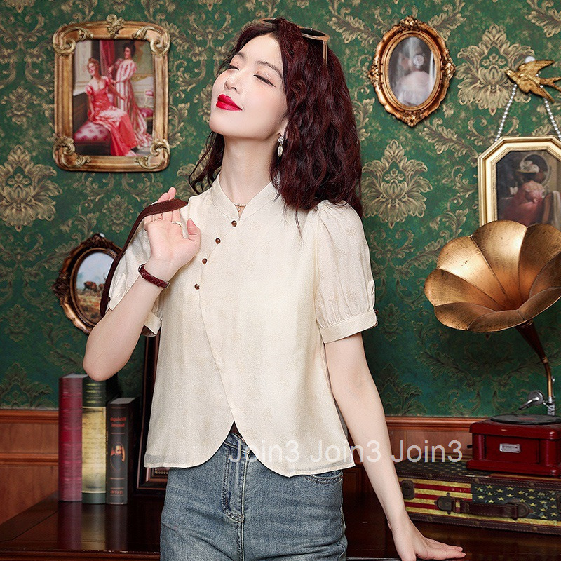 Summer New National Style Design Sense Elegant V-neck Short Sleeve Shirt Womens Blouse T-shirt with Pants