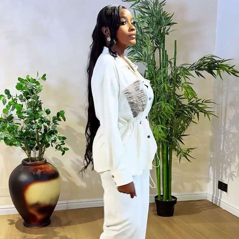 Women's Fashion Elegant Waist-Cinching Shirt Sleeve Cardigan Long Pants Two-Piece Set B5