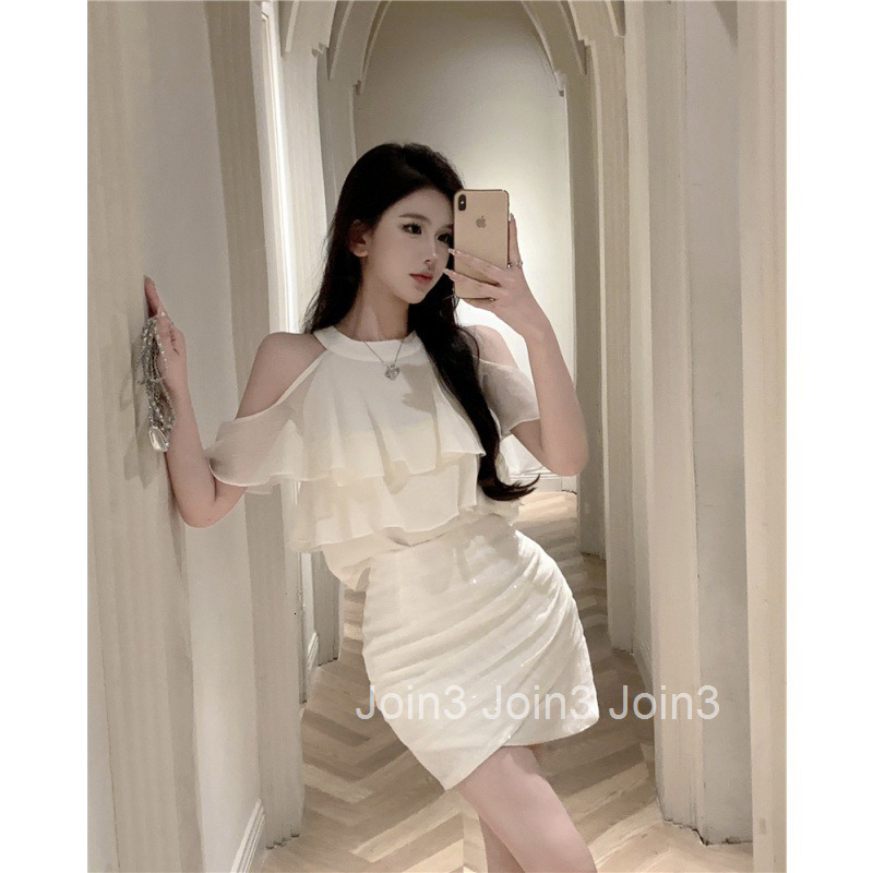 Summer New Women Pure Desire Shirt Off-Shoulder Top + Bodycon Skirt Sequin Short Skirt Set