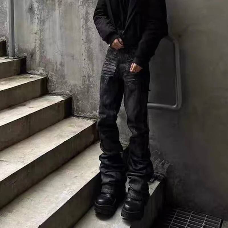 High Street Hand Brushed Glue Sparkling Baggy Flare Jeans For Men Y2k Pantalones Hombre Leather Pants Oversized Denim Trousers