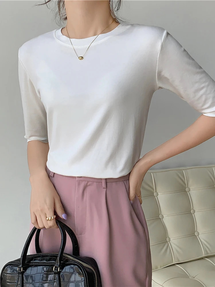 2025 Summer Half Sleeve T Shirts Women Cotton Tops Tees Solid O Neck Female Casual Basic Elastic Slim T Shirt Casual Top 250724