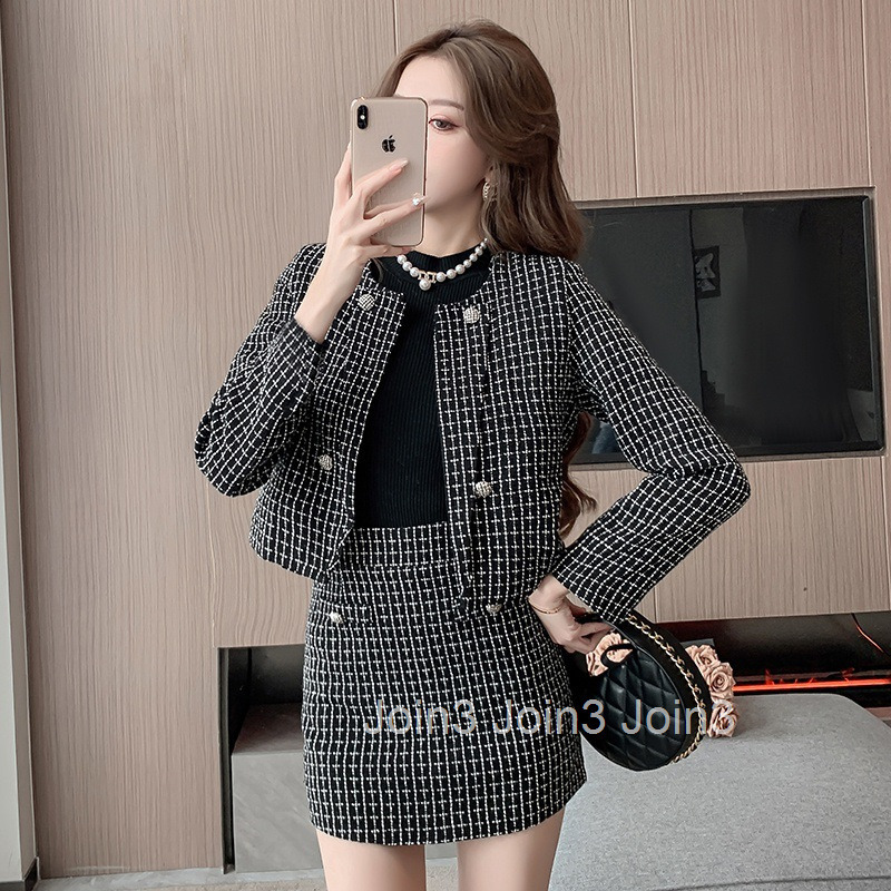 Spring New Womens French Tweed Houndstooth Short and Long Sleeve Jacket Top and Half Skirt Two-Piece Set