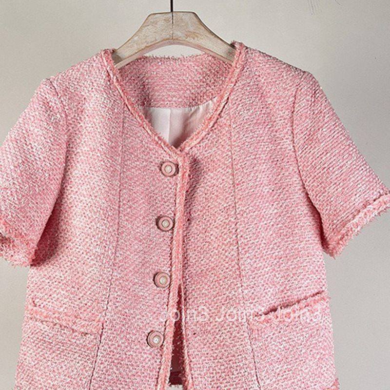 25 Summer New Korean Chic Fashion Brightening Little Fragrance Cardigan Slimming Pink Short Sleeve Top for Women