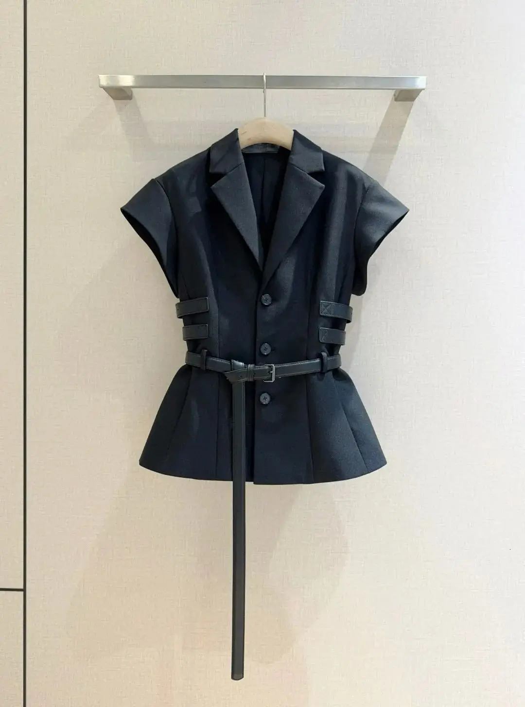 Summer Womens Black Tailored Blazer 100% Polyester Belted Waist Statement Long Strap Slim Fit Chic Office Casual Workwear 250729