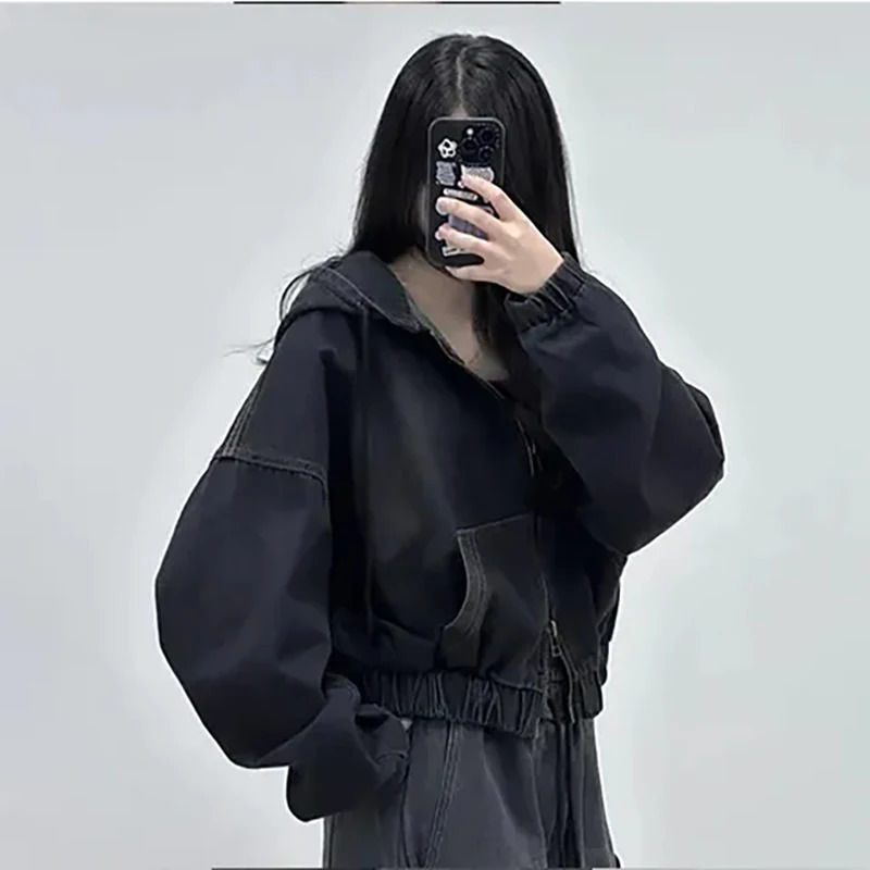 American Retro Street Style Womens Hooded Denim Jacket Spring Autumn Zipper Cardigan Short Coats 250729