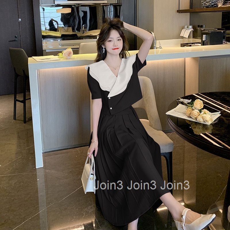 New French Style Summer Mid-Length Skirt Set Slim Fit Short Sleeve Top + Mid-Length Skirt Two-Piece