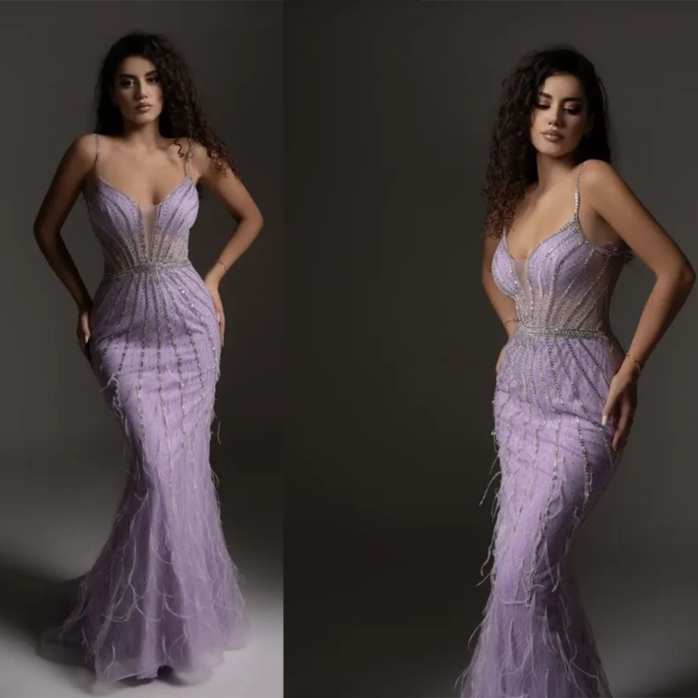 Classic Evening Dresses For Women Sweetheart Neck Spaghetti Straps Sleeveless Gown Sequins Feather Floor Length Dress Party Customized Dress