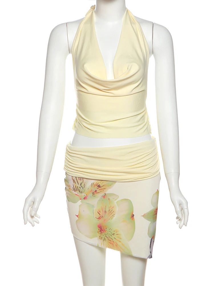 Nibber Fashion TwoPiece Set Women Halter Backless Swing Collar TopsWear Both Front And Back Patchwork Skirts Matching Suits 250729