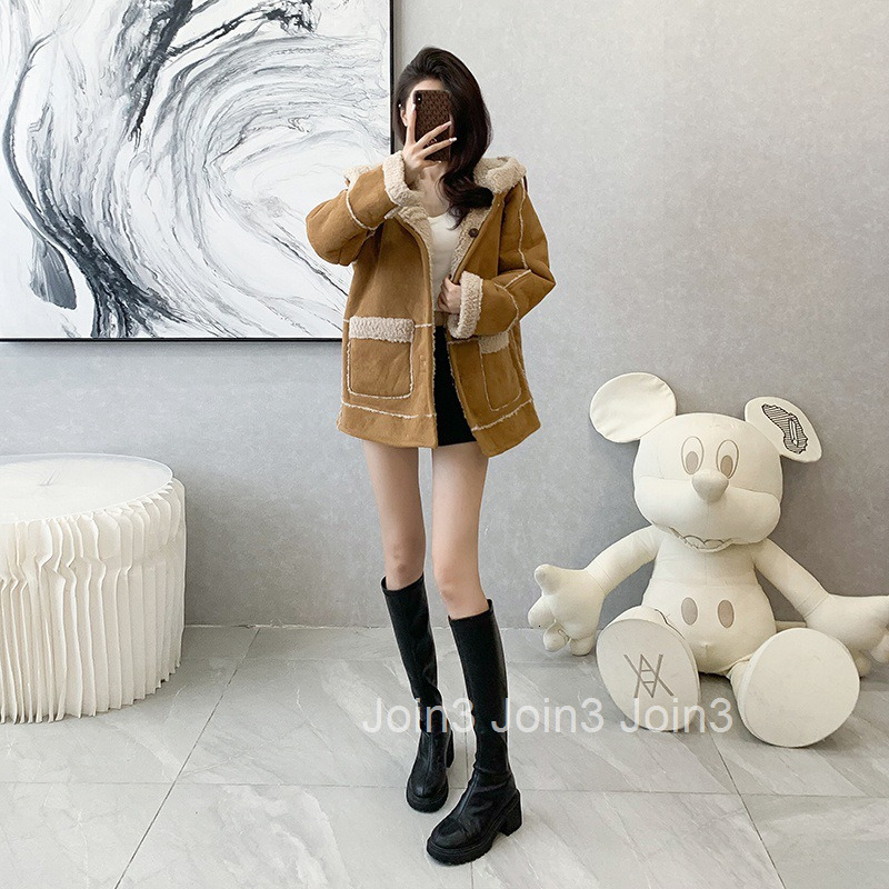 Winter New Suede Cotton Coat Womens Thickened Hooded Fur One Piece Coat Medium Long Womens