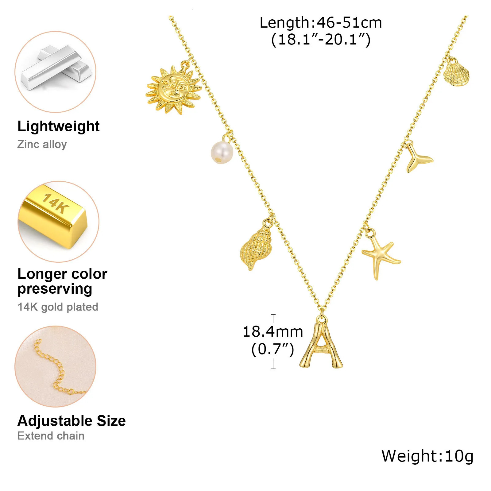 Initial Charms Necklace for Women Boho Seashell Starfish Beach Letter A-Z Pendant Summer Beach Vacation Jewelry 250729