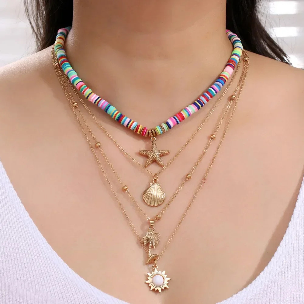 Fashion Bohemia Soft Clay Shell Star Sun Pendant Chain Layered Necklace for Women Girls Summer Beach Simple Layered Necklace 250729