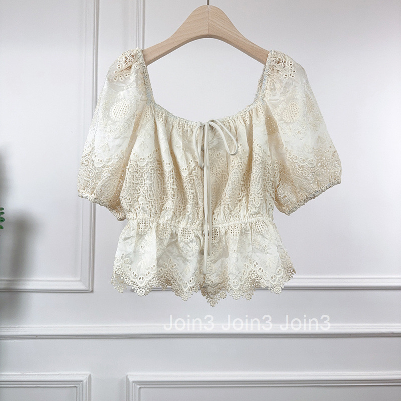 2025 Summer New Lace-Up Elegant Short Blouse French Style Slim Waist Short Sleeve Shirt for Women