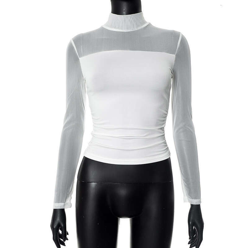 Ytp0 Women's Autumn New Solid Color Half High Collar Mesh Splicing Sexy T-Shirt Top B5