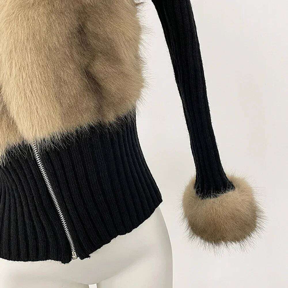 Coat Knitted Women Spring Eco-Friendly Knitwear Patchwork Long Sleeve Faux Fur Sweater Cardigan Vintage