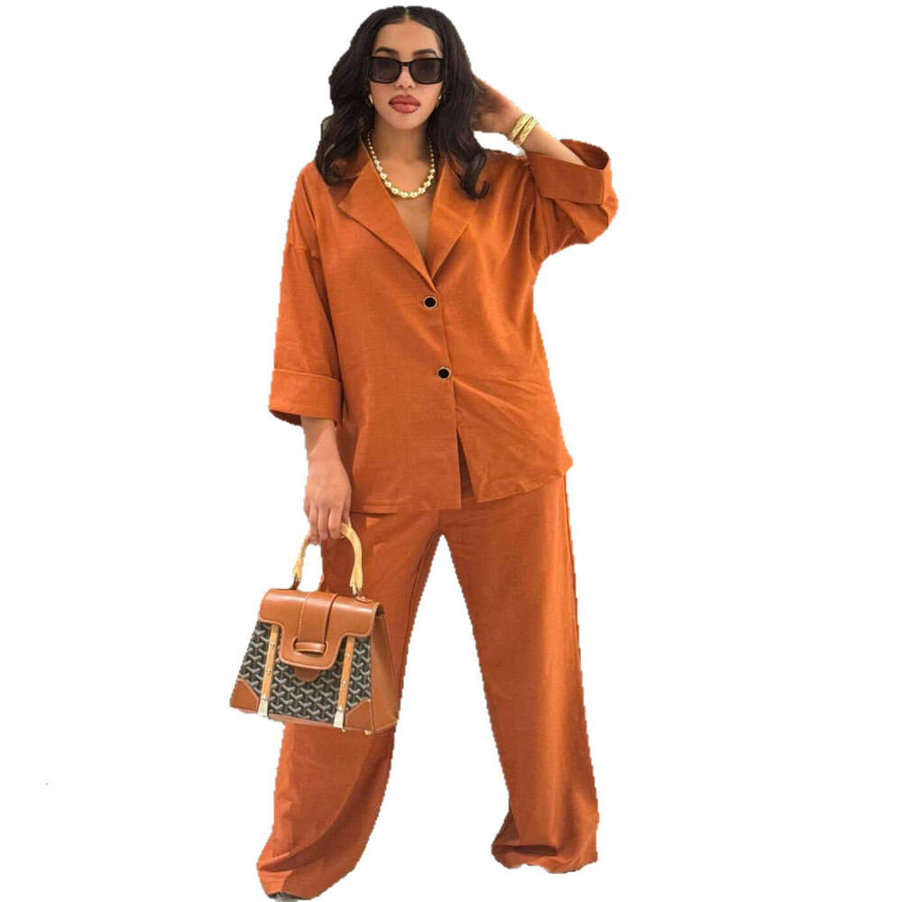 Women's Clothing Turn-Down Collar Loose Single-Breasted Shirt High-Waisted Straight-Leg Pants Two-Piece Set Casual Elegant Suit For Women B5