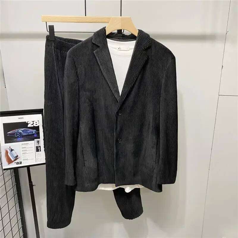 Korean Elegant Corduroy Two-piece Men Spring Autumn Large Size Drape Suit Pleated Loose Casual Simple Blazer Set Chic