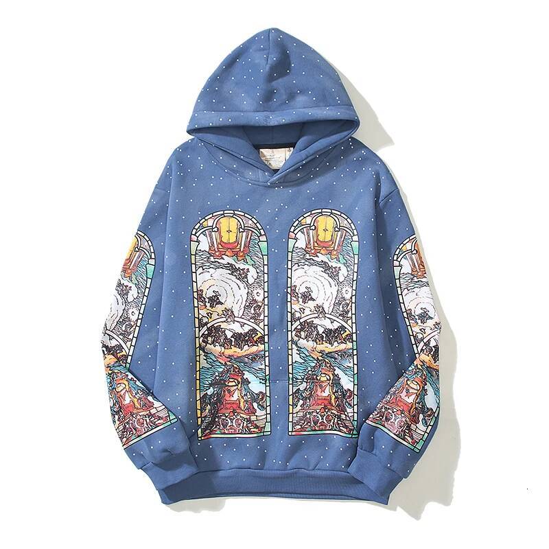 European And American Cartoon Print Plush Flannel Hoodies For Men Retro Distressed Graffiti Dyed Foam Printed Hoodie Y2k Vintage